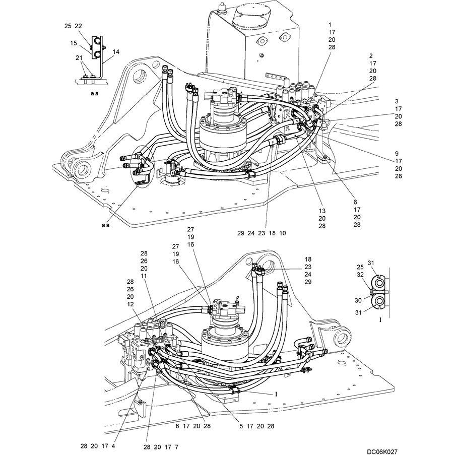 5.033(00) HYD LINES, UPP (ROTATION W/NIBBLER & BREAKER) (LC03H00063F1),  FIGURE 1 OF 3-SK350-8 Kobelco Excavator Parts Number Electronic Catalog EPC Manuals
