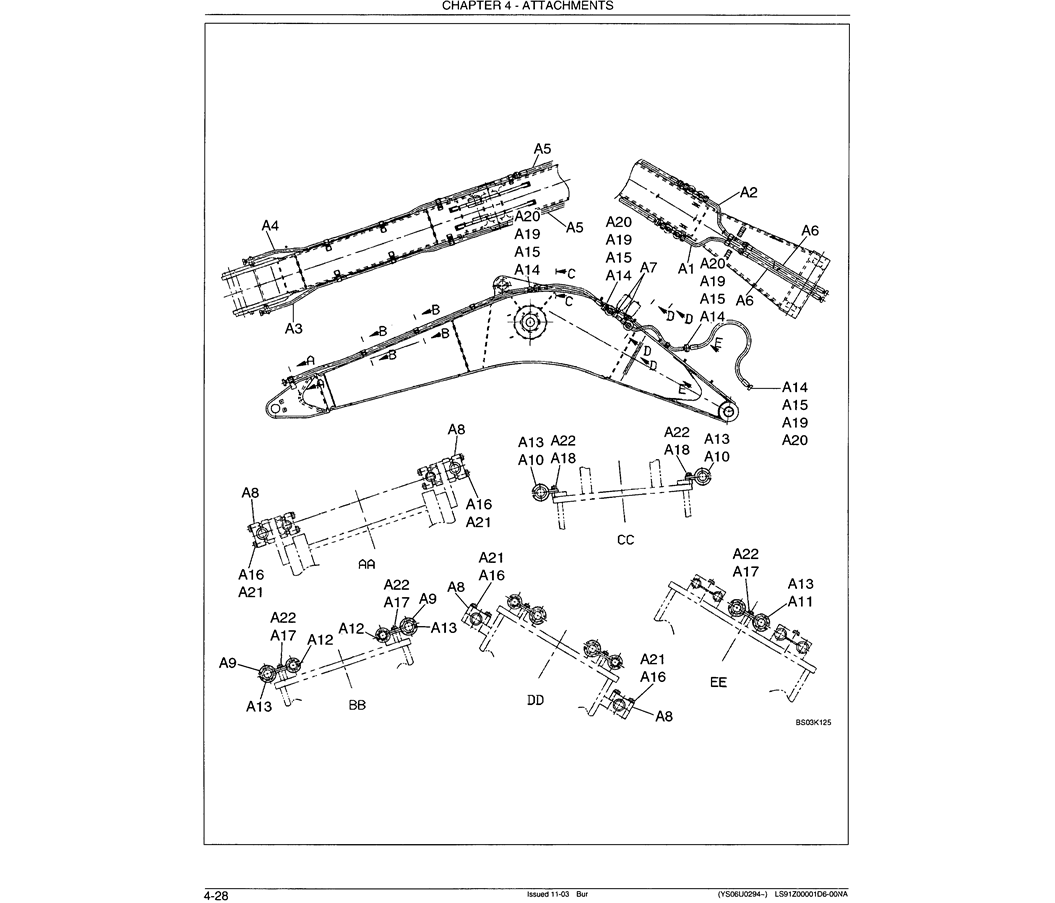 03-011 BOOM HYDRAULIC LINES - MASS EXCAVATOR BOOM  WITH NIBBLER AND BREAKER-Kobelco SK480LC-6E SK480-6S SK480LC-6 SK450-6 Excavator Parts Number Electronic Catalog EPC Manuals