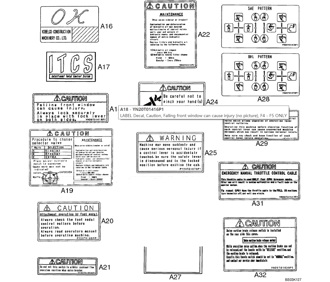06-003(02) DECALS CAB P/N YN22T00129F2, F4, F5-Kobelco SK480LC-6E SK480-6S SK480LC-6 SK450-6 Excavator Parts Number Electronic Catalog EPC Manuals
