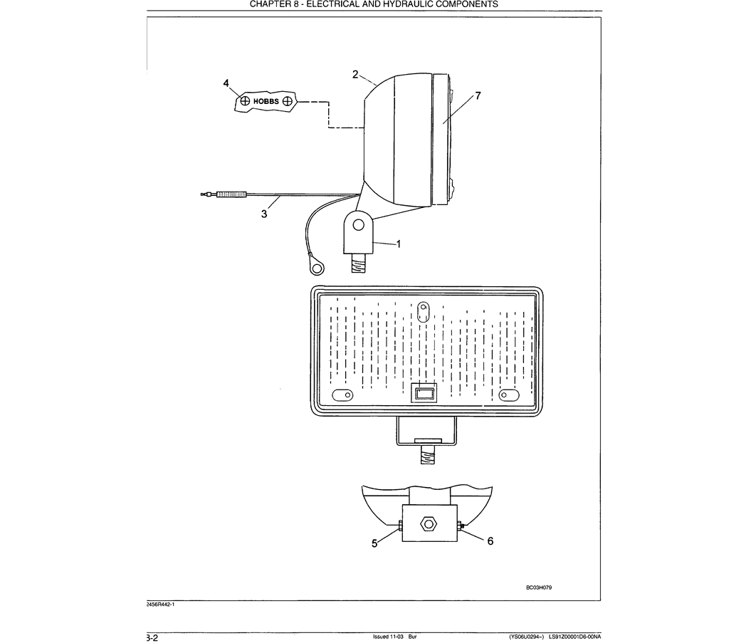 07-001 WORK LAMP ASSEMBLY 2456R442F1 - HOBBS-Kobelco SK480LC-6E SK480-6S SK480LC-6 SK450-6 Excavator Parts Number Electronic Catalog EPC Manuals
