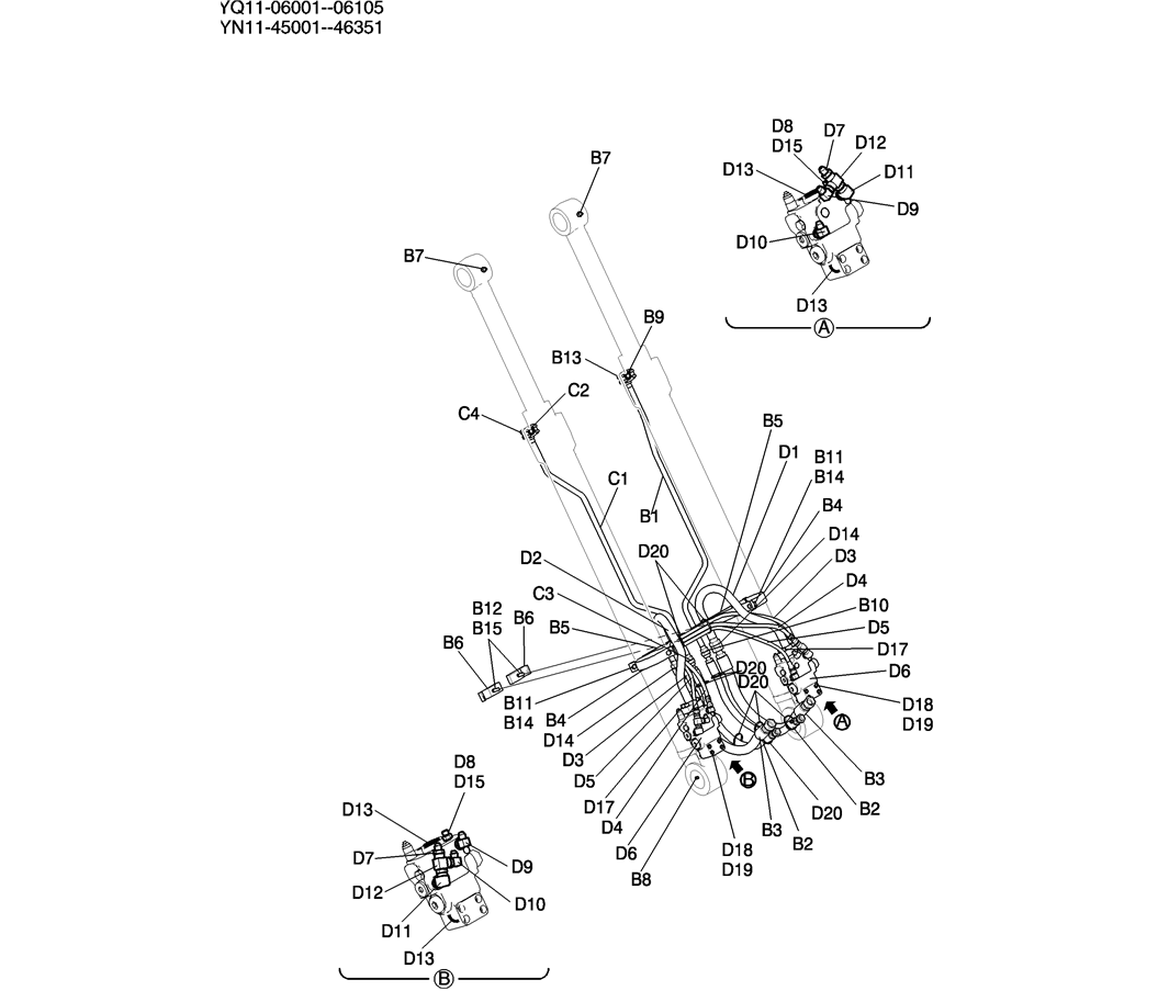 852-01-2 HYD LINES, BOOM 7.0M (23FT) (40FT LONG RANGE)-Kobelco SK200-8 SK210LC-8 SK210D-8 Excavator Parts Number Electronic Catalog EPC Manuals