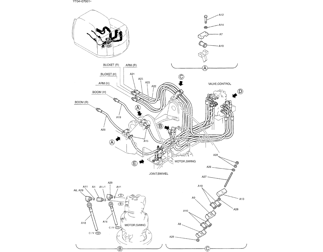 01-030(01) HYDRAULIC LINES, UPPER (MAIN)-Kobelco SK70SR-1E SK70SR-2 SK70 Excavator Parts Number Electronic Catalog EPC Manuals