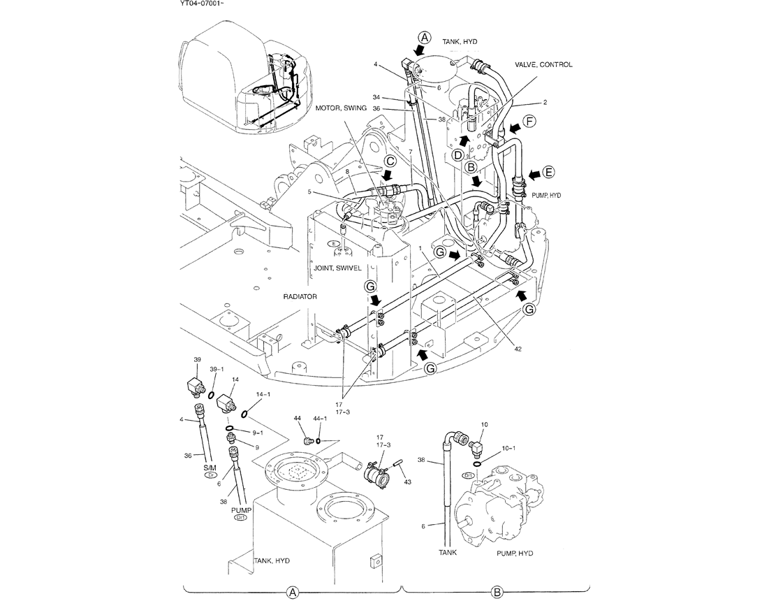 01-031(01) HYDRAULIC LINES, UPPER (RETURN)-Kobelco SK70SR-1E SK70SR-2 SK70 Excavator Parts Number Electronic Catalog EPC Manuals